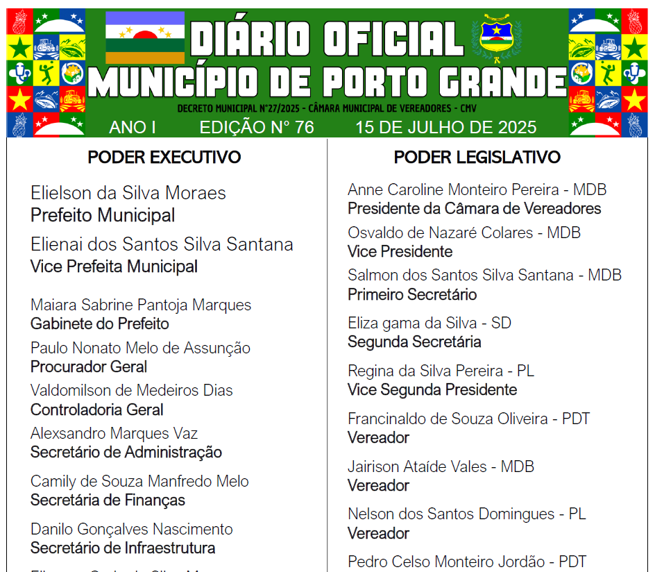 DIÁRIO OFICIAL - EDIÇÃO N° 76 - 15 DE JULHO DE 2025